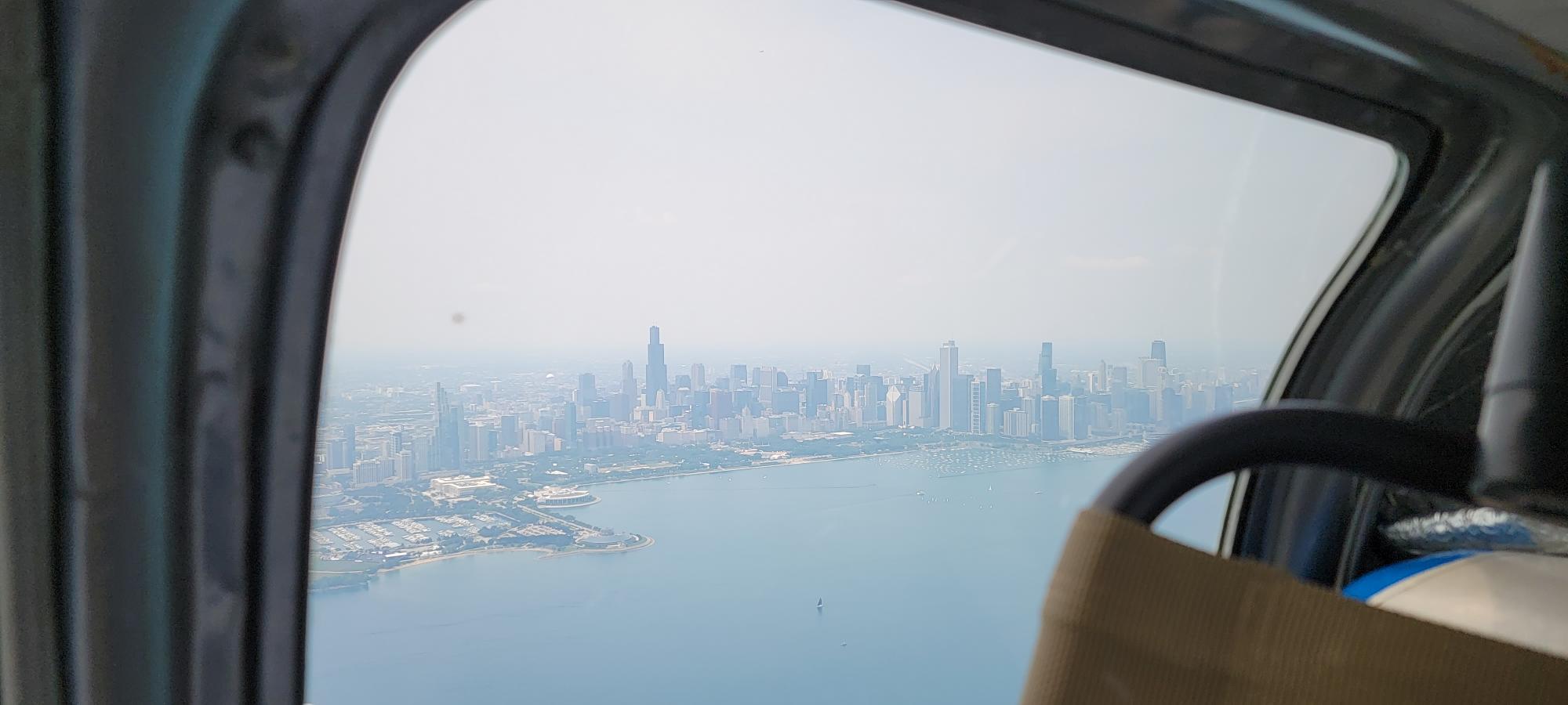 The-Chicago-skyline-over-the-lake-front-from-a-distance