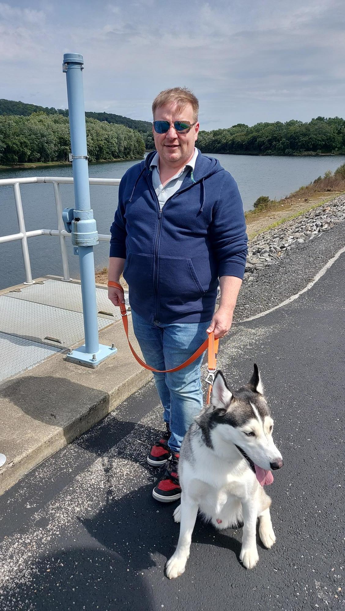 Zack-and-Jasper-on-the-river-walk-in-Lock-Haven